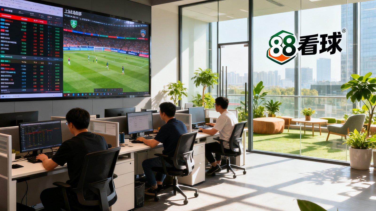 88看球上海总部办公区全景，开放式工位上工程师们正在专注工作，墙上大屏幕实时显示全球赛事数据流，会议室玻璃上印有88看球标志，阳光透过落地窗洒在绿植点缀的休闲区