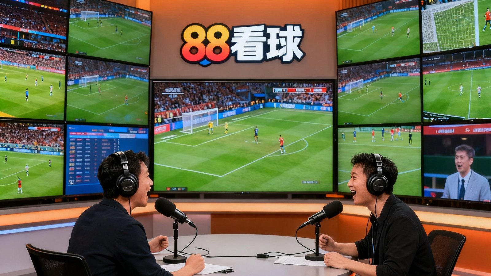 88看球直播中心的高清演播室全景，多块大型屏幕阵列显示不同赛事实时画面，专业解说员佩戴耳机在麦克风前激情解说，背景墙上88看球标志在暖色灯光下格外醒目